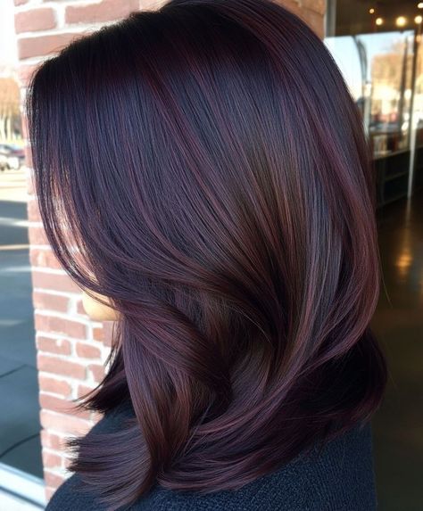 Red Dark Brown Hair, Plum Hair Highlights, Ash Dark Brown Hair, Plum Black Hair, Ash Dark Brown, Dark Ash Brown Hair, Dark Hair Shades, Hair Colors For Dark Hair, Cherry Brown Hair