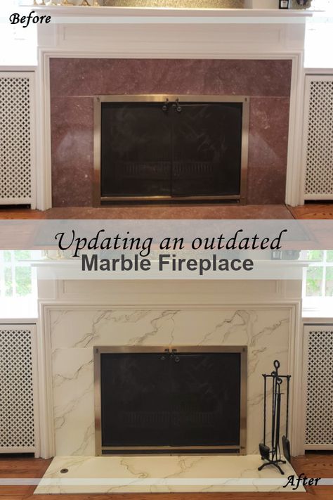 How we used a professional muralist to change the color of our marble fireplace without spending thousands to replace the marble. How To Update Marble Fireplace, Painting Over Marble Fireplace, How To Cover Marble On Fireplace, Painting A Marble Fireplace, Fireplace Marble Makeover, Tile Over Marble Fireplace Surround, Green Marble Fireplace Makeover, Covering Marble Fireplace Surround, Diy Marble Fireplace Makeover