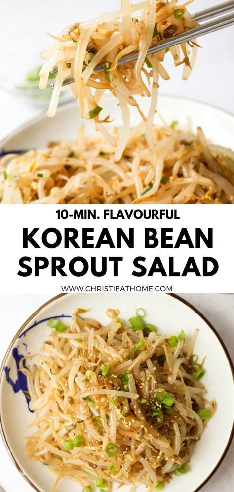 Flavourful 10-min. Korean Bean Sprout Salad (Sukju Namul). Crunchy bean sprouts seasoned in a simple and flavourful sesame garlic soy sauce. This is a popular Korean side dish that is served at many Korean restaurants. Recipe: https://christieathome.com/blog/korean-bean-sprout-salad/ #beansprout recipes #korean bean sprout side dish Soy Bean Salad, Bean Sprout Salad Recipes, Korean Mung Bean Sprouts, Asain Food Sides, Beansprout Salad Recipes, Japanese Sides Recipes, Korean Sprouts Recipe, What To Do With Bean Sprouts, Canned Bean Sprouts Recipes