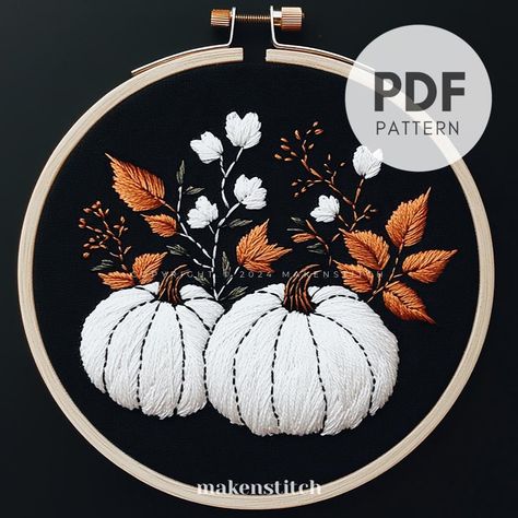 White Pumpkins Hand Embroidery Pattern, Thanksgiving Embroidery Design, Fall Foliage, Fall Embroidery Pattern, Autumn Embroidery Pattern Autumn Motifs, Thanksgiving Embroidery, Embroidery Guide, Autumn Embroidery, Fall Embroidery, Elegant Pumpkins, Digital Embroidery Patterns, Gold Pumpkins, Embroidery Tools