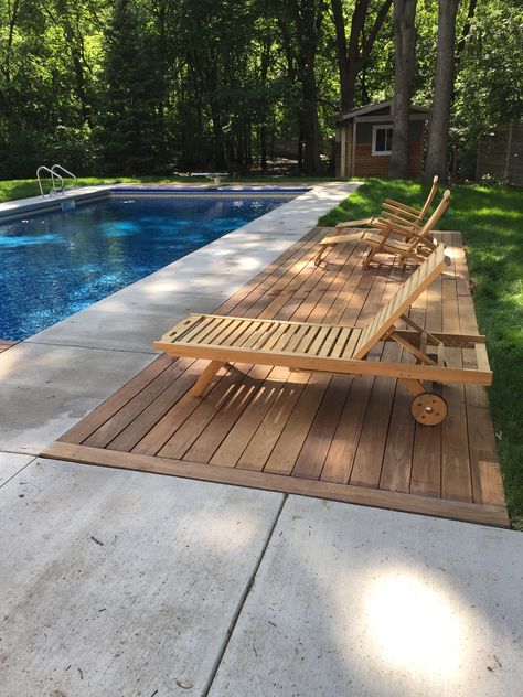 Wooden Decking Around Pool, Wood Around Pool, Pool Wooden Deck, Pool Deck Wood, Wood Decking Around Pool, Pool Deck Stone, Pools With Decking Around, Wood Deck Around Inground Pool, Wood And Concrete Pool Deck