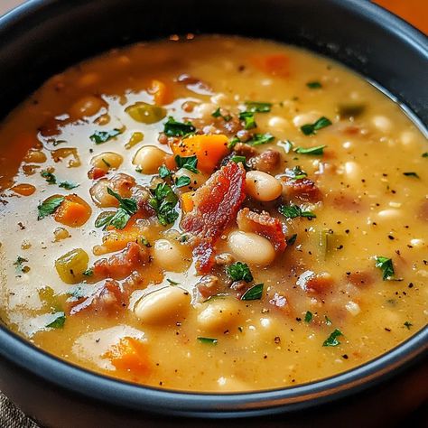 Rustic White Bean and Turkey Bacon Soup Meatloaf Soup, Bean Bacon Soup, Bacon Soup Recipes, Bean And Bacon Soup, Soup Lovers, Pinch Of Yum, Bacon Soup, Pork Bacon, Turkey Meatloaf