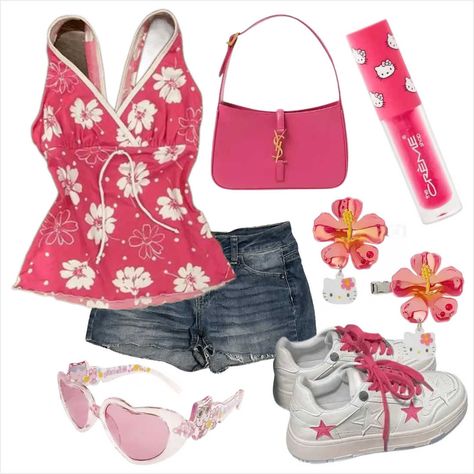 pink island girl hello kitty y2k girl outfit 💖 Island Outfits, Pink Island, Hello Kitty Y2k, Y2k Hello Kitty, Beach Girl Aesthetic, Y2k Girl, Island Outfit, Summer Beach Outfit, Y2k Outfits