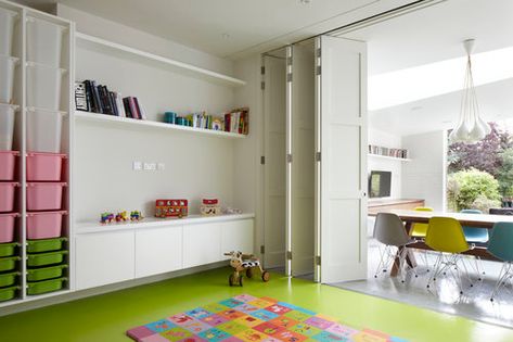 Playroom Layout, London Terrace House, Ikea Trofast Storage, Playroom Shelves, Creative Kids Rooms, Door Room, Living Room Divider, Open Plan Kitchen Living Room, Folding Door