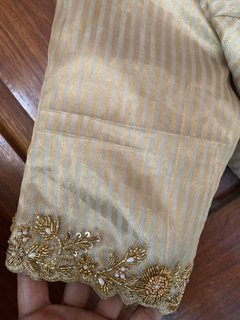 Gold Tissue Blouse Designs, Zardozi Embroidery Blouse Designs, Embroidery Designs On Blouses, Gold Maggam Work Blouse Designs, Simple Zardosi Work Designs, Blouse Embroidery Designs Silk, Simple Hand Work, Simple Blouse Work Designs, Simple Embroidery Designs Blouse