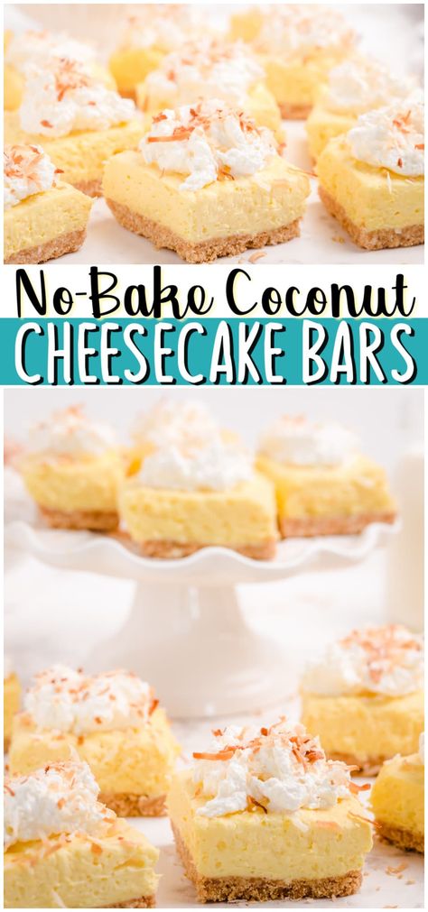 Easy No-Bake Coconut Cheesecake Bars made with just 6 ingredients and so delicious! Coconut Pudding mix, cream cheese and whipped cream unite in this simple no-bake cheesecake recipe. #nobake #coconut #cheesecake #dessert #easyrecipe from BUTTER WITH A SIDE OF BREAD Coconut Cream Cheesecake Recipes, Coconut Cheesecake Recipes, No Bake Coconut Cheesecake, Desserts With Coconut, Coconut Cheesecake Bars, Cheesecake Coconut, 2023 Desserts, Cheesecake Bars Easy, Fruit Bars