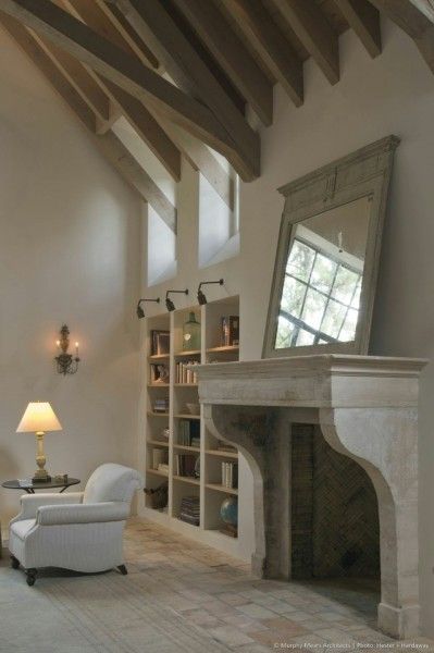 Inspiration Fireplace Country, French Fireplace, Limestone Fireplace, Mirror On The Wall, Home Fireplace, French Country House, Fireplace Design, Fireplace Surrounds, Stone Fireplace