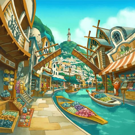 San Grio is a location in Professor Layton and the Azran Legacy. It has a warm climate and a giant beach, which gains the town a lot of tourists. The market is built around a river. The people use small boats to transport shop supplies. It is located in South America. Known inhabitants Barbara, Benni, Bud, Javier, Miranda, Martine Watercolour Ideas, Professor Layton, Landscape Concept, Nintendo Art, Fantasy City, Fantasy Setting, Fantasy Places, Concept Art Drawing, Fantasy Art Landscapes