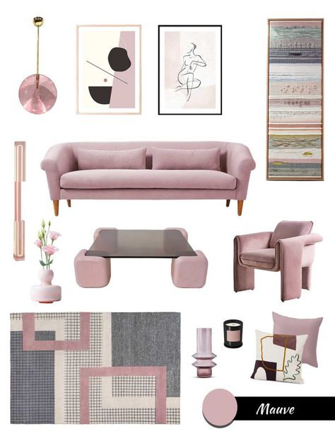 decorating with purple, mauve color trend, moodboard lilac, mauve furniture and decor Mauve Office Decor, Lilac Home Decor, Mauve Furniture, Warm Minimalist Living Room, Decorating With Purple, Mauve Living Room, Trend Moodboard, Minimalist Style Home, Minimalist Decor Ideas