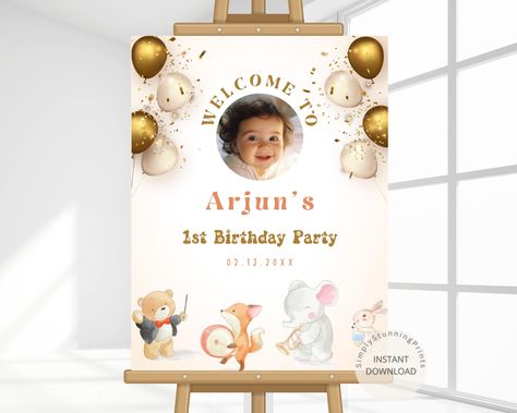 Gold Light Birthday Party Welcome Sign | Balloons First Birthday Sign | Birthday Party Decoration Poster | Editable Digital Template by SimplyStunningPrints on Etsy Welcome Board For Birthday Party, Balloons First Birthday, First Birthday Sign, Party Welcome Sign, Digital Templates, Welcome Poster, Birthday Party Decoration, Birthday Sign, Gold Light