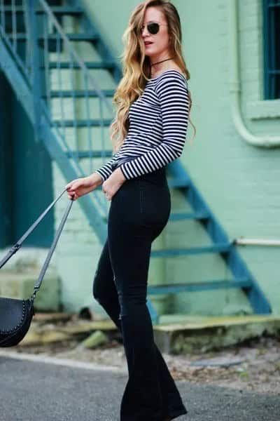 How To Wear Black Flared Jeans: Best 13 Outfit Ideas For Women To Look Lean - Secret Dresser Flared Jeans Outfit Ideas, Natalie Mendoza, Black Flare Jeans Outfit, Flare Jeans Outfit Spring, Black Flare Pants Outfit, Outfit With Flare Jeans, Striped Blouse Outfit, Flared Jeans Outfit, Flair Jeans Outfit