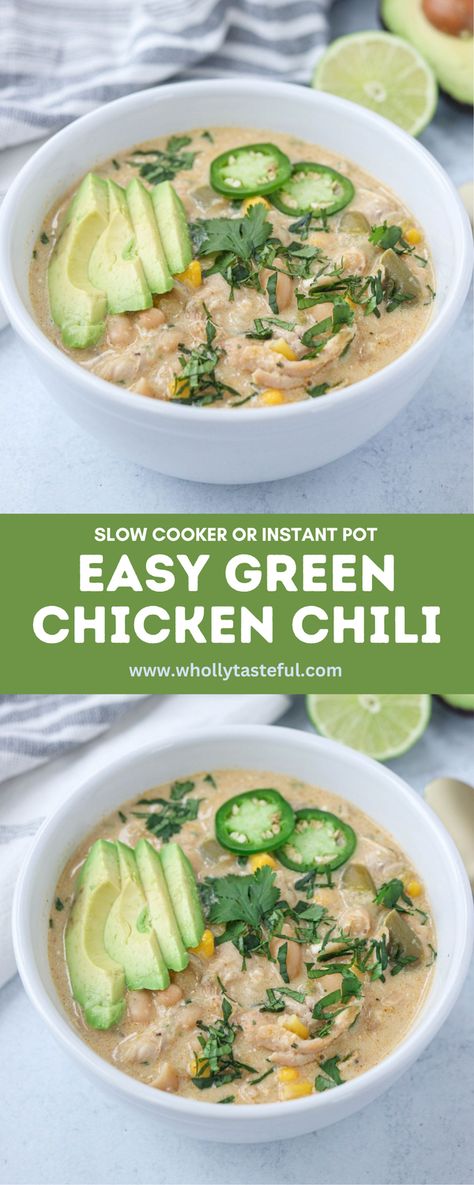 This easy Green Chicken Chili (white chicken chili) can be made in the slow cooker or Instant Pot (pressure cooker). This is a true dump and go recipe and it's perfect for game day, game night or Super Bowl party. Green Chili Chicken Chili Crockpot, Green Chili Chicken Instant Pot, Green Chicken Chili Crockpot, Green Chili Chicken Chili, Green Chili Chicken Crockpot, Crock Pot Green Chili, Chili White Chicken, Chicken Chili White, Green Chili Chicken Soup