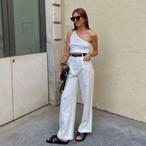 J. on Instagram: “All black at work, all white for day off” Style Finder, One Shoulder Tops, Fashion Images, All White, Fashion Store, All Black, Everyday Look, Two Piece Pant Set, Off White