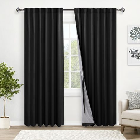 PRICES MAY VARY. PACKAGE INCLUDES: 2 total blackout curtain panels per package (No Curtain Rod). Each curtain measures 52" wide by 84" long inches (Total width is 104 inches), with 2 top hanging options (7 hooks Back tab & 3-inch Rod pocket) for your personalized style and fit most rods. 100% BLACKOUT EFFECT: Made of 2 layer high quality fabric, our blackout curtains can block out all light and UV rays. The surface layer can meet your need for different kinds of decoration style and the inner la Protection Energy, Closet Curtains, Black Curtains, Black Liner, Blackout Curtain, Window Panels, Curtain Panels, Curtain Rod, Small Living Room