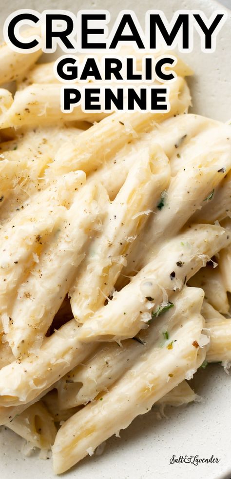 Salt And Lavender Recipes Pasta, Pasta Recipes One Pot, Dinner Recipes Pasta, Recipes One Pot, Creamy Garlic Penne Pasta, Gemelli Pasta, Creamy Garlic Pasta, Penne Recipes, Penne Pasta Recipes