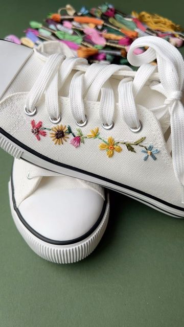 Converse Embroidery, Embroidered Converse, Diy Sneakers, Contemporary Embroidery, Embroidery Shoes, Embroidered Shoes, January 11, Modern Embroidery, Embroidery Hoop Art