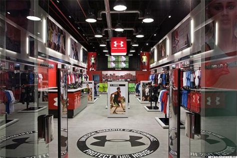 Under Armour (UA) Moves to Control Own Future by Opening 200 New Stores in 2016 - TheStreet Under Armour Store, Retail Space Design, Retail Lighting, Retail Solutions, Visual Merchandising Displays, Store Layout, Store Interiors, Sports Store, Retail Store Design