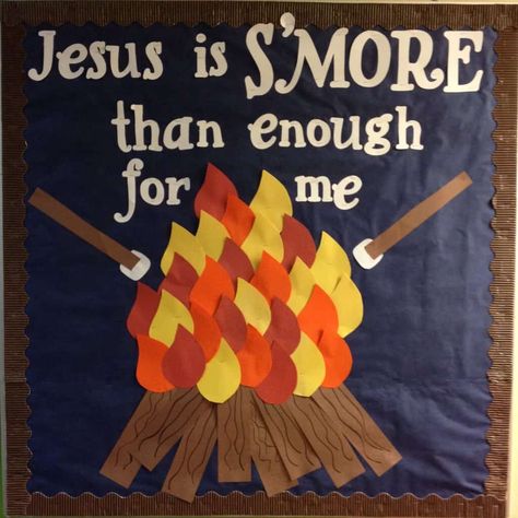 Vbs Camping Theme, Fall Church Bulletin Boards, Religious Bulletin Boards, Bible Bulletin Boards, Christian Bulletin Boards, Sunday School Decorations, Summer Bulletin Boards, Sunday School Rooms, Christian Halloween