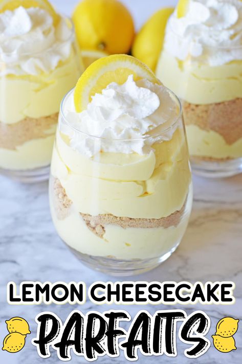 This Lemon Cheesecake Parfait recipe is the perfect no-bake dessert for Spring and Summer. If you like lemon desserts, you'll love the bright citrus flavor and creamy texture of this simple and delicious treat. Part cheesecake, part mousse, this recipe is not only easier than traditional cheesecake, but prettier and tastier too! Cheesecake Parfait Recipes, Easy Lemon Cheesecake, Cheesecake Parfait, Parfait Recipe, Mason Jar Desserts, Dessert Cups Recipes, No Bake Lemon Cheesecake, Cheesecake Parfaits, Parfait Desserts