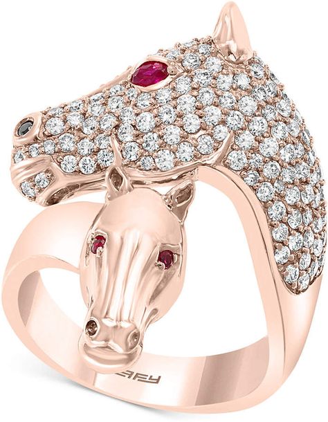 Effy Diamond (1-1/6 ct. t.w.) & Certified Ruby (1/10 ct. t.w.) Horse Ring in 14k Rose Gold Living In The Jungle, Animal Rings Jewelry, Wolf Designs, Statement Bracelets, Rings Sapphire, Snow Wolf, Horse Ring, Dolphin Jewelry, Figural Jewelry