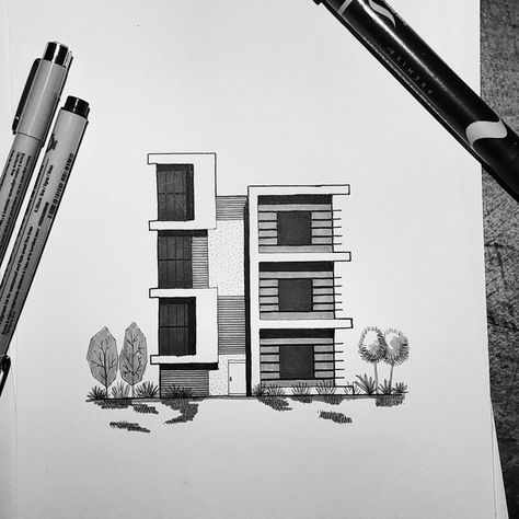 Marker Pen Drawing Architecture, Building Facade Drawing, Architectural Facade Drawing, Facade Drawing Architecture, Arcitechture Simple Drawing, Architectural House Drawing, Architecture Sketch Simple Building, Facade Architecture Drawing, Architecture Drawing Art Sketches