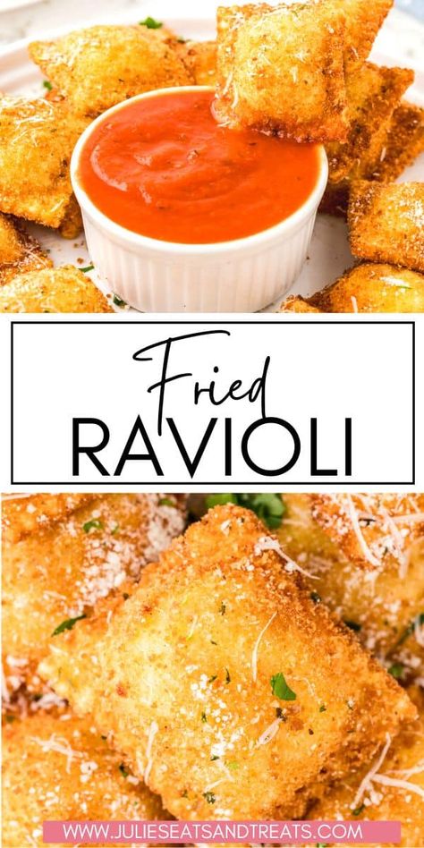 Homemade Fried Ravioli, Deep Fried Ravioli Frozen, Pan Fried Ravioli, Fried Ravioli Recipe Frozen, Tapas Christmas, Fried Cheese Ravioli, Breaded Ravioli, Deep Fried Ravioli, Airfryer Snacks