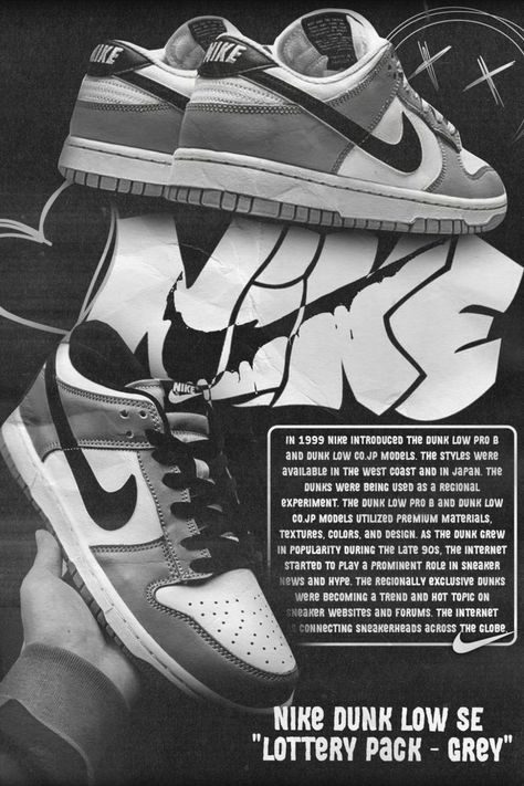 Poster Nike Dunk Low SE "Lottery Pack - Grey" Grey Poster Design, Nike Wall Art, Nike By You, Nike Dunk Poster, Vintage Nike Poster, Nike Artwork, Grey Posters, Nike Posters, Shoes Collage