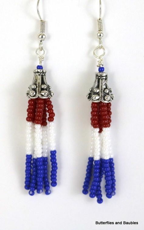 Beaded Fringe DIY Earrings Weaving Patterns For Beginners, Fringe Diy, Blue Beaded Earrings, Patriotic Jewelry, Bead Fringe, Dainty Diamond Necklace, Beaded Earrings Diy, Jewelry Making Earrings, Bead Weaving Patterns