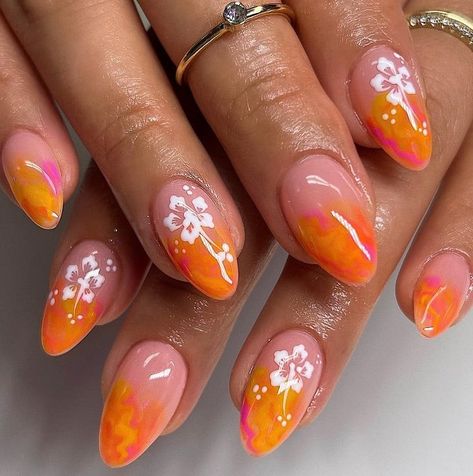 Hibiscus Nail Art Hibiscus Nail Art, Hawaii Nails, Summer Nails Almond, Elegant Touch Nails, Beachy Nails, Makeup Nails Designs, Tropical Nails, Summery Nails, Nails Only