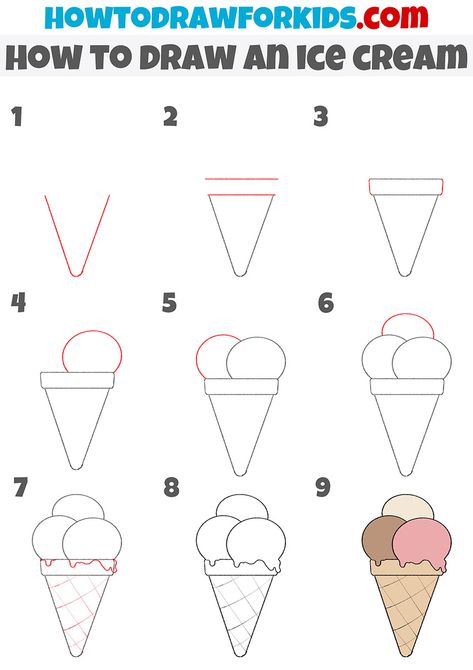 How to Draw an Ice Cream - Easy Drawing Tutorial For Kids Easy Desserts Drawing, How To Draw A Ice Cream, How To Draw A Popsicle, How To Draw Ice Cream Step By Step, Ice Cream Painting For Kids, How To Draw Desserts, Sweets Drawing Easy, How To Draw A Cupcake, Ice Cream Doodle Art