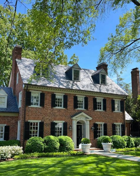 Colonial Revival House Interior, Small Brick Colonial House Exterior, Brick Colonial House Exterior, Brick Center Hall Colonial Exterior, Small City Backyard, Colonial Portico, Colonial House With Garage, New England Brick Colonial, Colonial House Exterior