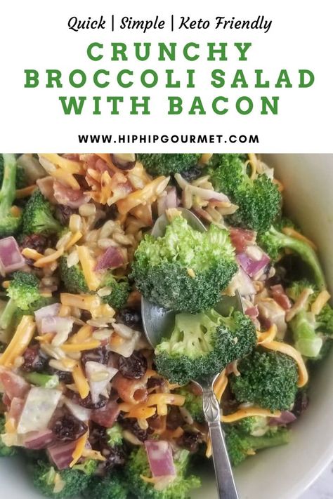 bowl of raw broccoli salad with bacon and cheese and red onions, cranberries, sunflower seeds in a creamy dressing Broccoli Bacon Cheese Salad, Broccoli With Bacon, Broccoli Bacon Salad Recipe, Raw Broccoli Salad, Crunchy Broccoli Salad, Broccoli Salad With Bacon, Salad Recipes With Bacon, Easy Broccoli Salad, Broccoli Bacon