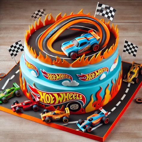 Hot Wheels Birthday Cake Images 3 Race Car Cakes For Boys, Hot Wheels Cake Ideas, Hotwheels Birthday Cake, Hot Wheels Cupcakes, Race Car Birthday Cake, Construction Theme Cake, Race Track Cake, Monster Truck Birthday Cake, Orange Birthday Cake