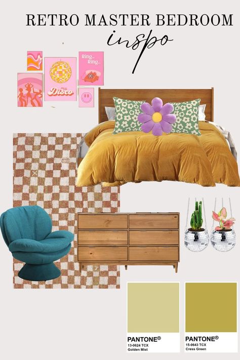 Retro Master Bedroom Inspo, MasterBedroom Decor, Retrro Bedroom Decor, Retro Bedroom, Retro Inspo, retro decor, retro, retro design, retro design ideas, master bedroom ideas, bedroom inspiration, bedroom ideas, bedroom decor, bedroom design, retro accents, retro decor, groovy hippie, groovy decor, hippie decor, groovy, hippie Retro Guest Bedroom, Groovy Boho Bedroom, Dorm Room Mood Board, Groovy Bedroom Aesthetic, Retro 70s Bedroom, Funky Retro Bedroom, Groovy Room Decor, Bedroom Decor Retro, Groovy Bedroom