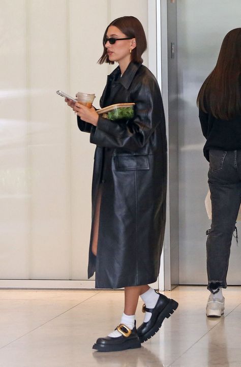 Hailey Bieber Bottega Veneta, Hayley Bieber Style, Mary Jane Outfit, Long Black Trench Coat, Hayley Bieber, Whimsical Shoes, Hailey Style, Hailey Bieber Style, French Girl Chic