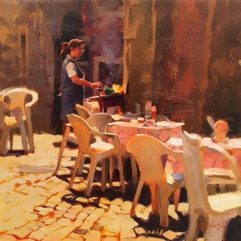 Kim English — City Art Gallery Kim English Paintings, English Lunch, Brick Pavement, English City, Kim English, Painting People, English Art, English Artists, Impressionist Paintings