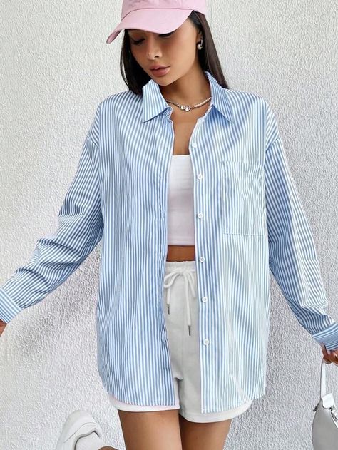 Pink Striped Shirt Outfit, Clothing Apps, Pink Striped Shirt, Style Bleu, Drop Shoulder Shirt, Shirt Outfits, Rose Bonbon, Elegant Dresses Long, Mode Inspo