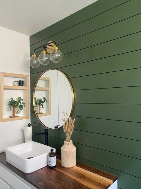 Greens dominate 2022 ‘Colors of the Year’ | Blog Green Shiplap, Room Decor Lighting, Chic Powder Room, Brass Vanity, Shiplap Bathroom, Small Bathtub, Glam Boho, Bathroom Transformation, Powder Room Decor