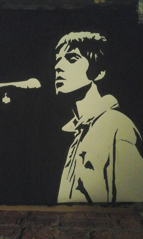 Stencil painting Liam Gallagher  by Roy Oasis Painting Band, Liam Gallagher Painting, Liam Gallagher Silhouette, Movie Stencil Art, Liam Gallagher Tattoo Ideas, Liam Gallagher Drawing, Liam Gallagher Tattoo, Oasis Tattoo Ideas, Oasis Artwork