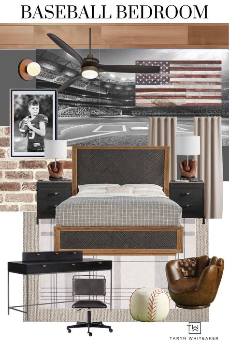 Boys Sports Bedroom Design Plans - Taryn Whiteaker Designs Kids Bedrooms Boys, Sports Bedroom Ideas, Boys Sports Bedroom Ideas, Boys Sports Bedroom, Pottery Barn Kids Bedrooms, Vintage Boho Bedroom, Peaceful Interior, Boy Sports Bedroom, Indian House Design