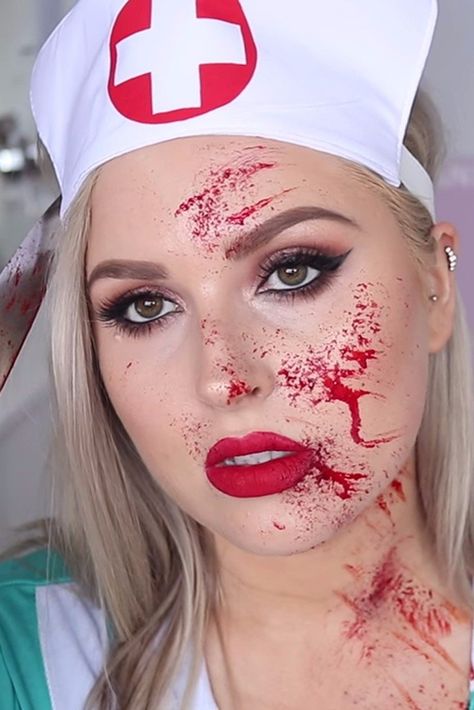 This Halloween Makeup Tutorial Is Perfect For Women Who Want to Look Terrifyingly Glam Nurse Zombie Makeup, Nurse Costume Makeup, Zombie Nurse Costume Diy, Zombie Nurse Makeup, Blood Halloween Makeup, Halloween Makeup For Women, Haloween Mackup Ideas, Halloween Nurse Makeup, Halloween Makeup Blood