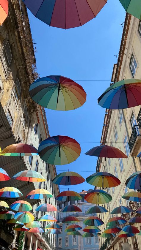 #umbrella #rainbow #pink #street #lisbon #decoration #decor #photography #aesthetic #colorful #details #wallpaper Pink Street Lisbon, Pink Street, Decor Photography, Photography Aesthetic, The Ceiling, House Architecture Design, Lisbon, Garden Art, Garden Design