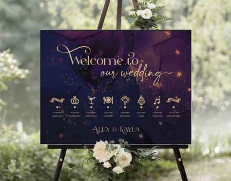 Purple Welcome Itinerary Sign, Starry Night Welcome, Purple Wedding Signs, Celestial Wedding Welcome, Order of Events Sign, Fairy Order Of Events Sign, Order Of Events, Moon Wedding, Celestial Wedding, Check Email, Bridal Shower Welcome Sign, Fantasy Wedding, Wedding Board, Purple Wedding