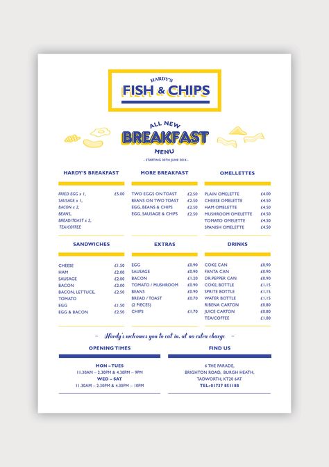 fish and chips menu Fish And Chips Restaurant Design, Hardy Breakfast, Fish And Chips Menu Design, Beach Cafe Menu Design, Seafood Menu Design, Sausage And Chips, Fish And Chips Menu, Fish And Chip Restaurant, Hotel Menu