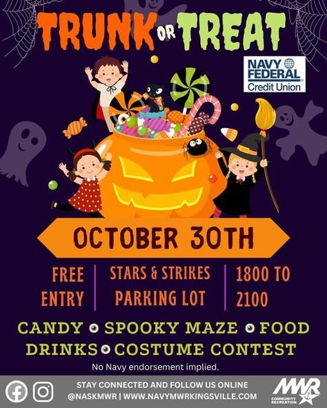 Get ready for a spooky good time at the MWR Trunk or Treat on October 30th. #STCN #SouthTexasCommunityNews MWR Trunk or Treat 2024 Navy Federal Credit Union, South Texas, Holistic Beauty, Trunk Or Treat, Costume Contest, State Map, Good Time, Halloween Fun, Get Ready