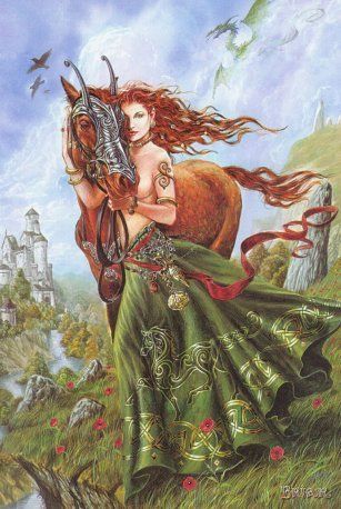 Art by Briar Celtic Heroes, Celtic Paganism, Celtic Deities, Irish Goddess, Pictures With Horses, Irish Mythology, Celtic Gods, Pagan Goddess, Celtic Goddess