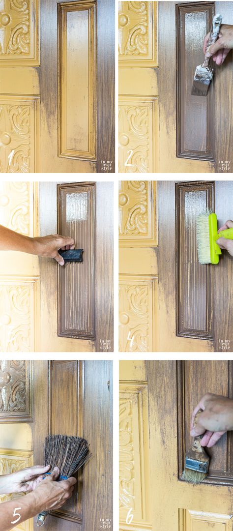 Give your home a bold new look in a few easy steps with this front door faux staining tutorial from Diane, of In My Own Style. Diane used a combination of KILZ Premium Primer and KILZ Complete Coat, in Golden Sunrise and Tonka Bean, to give her old front doors a faux woodgrain finish. Check out this article to see her full easy tutorial. How To Stain A Door, Faux Wood Interior Door, Faux Wood Paint, Magnolia Style, Faux Wood Grain, Woodworking Garage, Golden Sunrise, Stained Doors, Wood Exterior