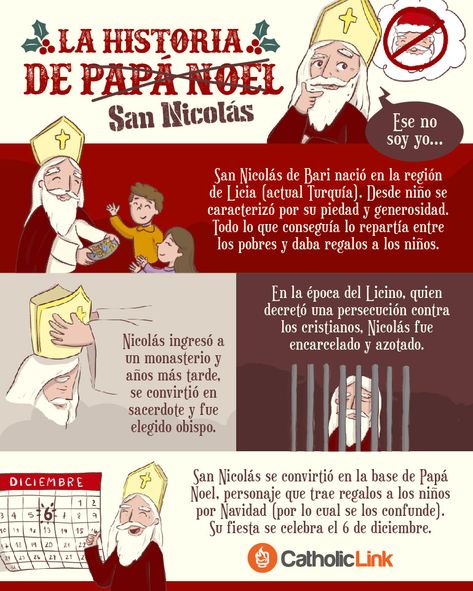 Infografía: La historia de San Nicolás | Catholic-Link Feast Of Saint Nicholas, Real Santa Claus, Santa Claus Story, Church Newsletter, Constantine The Great, St Nicholas Day, Catholic Christmas, Saint Quotes Catholic, San Nicolas