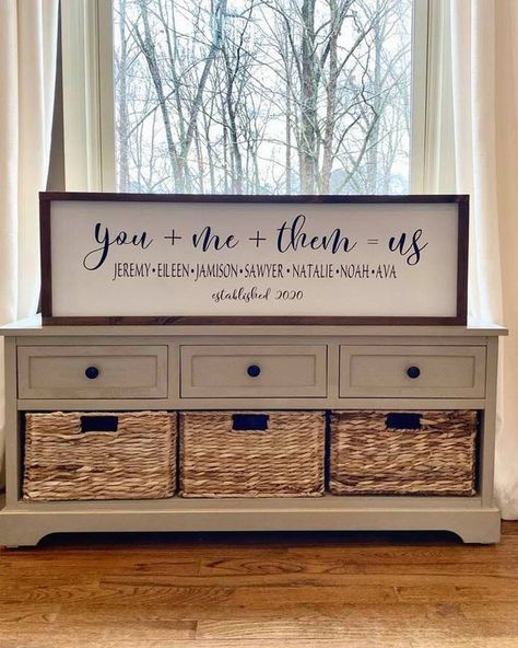 #farmhousehomedecor #farmhousedecor #rustic #modernfarmhouse You Me Them Us Sign, Modern Farmhouse Black Living Room, Blended Family Wall Ideas, Decorate Grey Living Room, Living Room Wall Sayings, Blending Two Families Wedding, Blended Family Wedding Ideas Unique, New Home Sign Ideas, Blended Family Gift Ideas