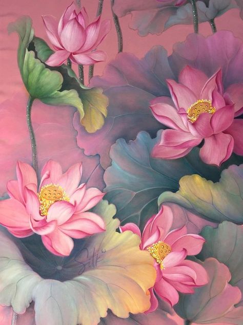 Asian Flower Art, Lotus Painting On Wall, Lotus Flower Art Paint, Lotus Canvas Painting, Pichwai Art Paintings, Abstract Lotus, Lotus Artwork, Lotus Drawing, How To Paint Flowers